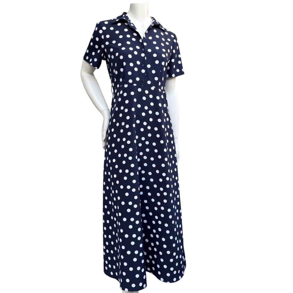 Vintage Suzy Shier Polka Dot Maxi Dress Navy White Retro Pinup Button Front M